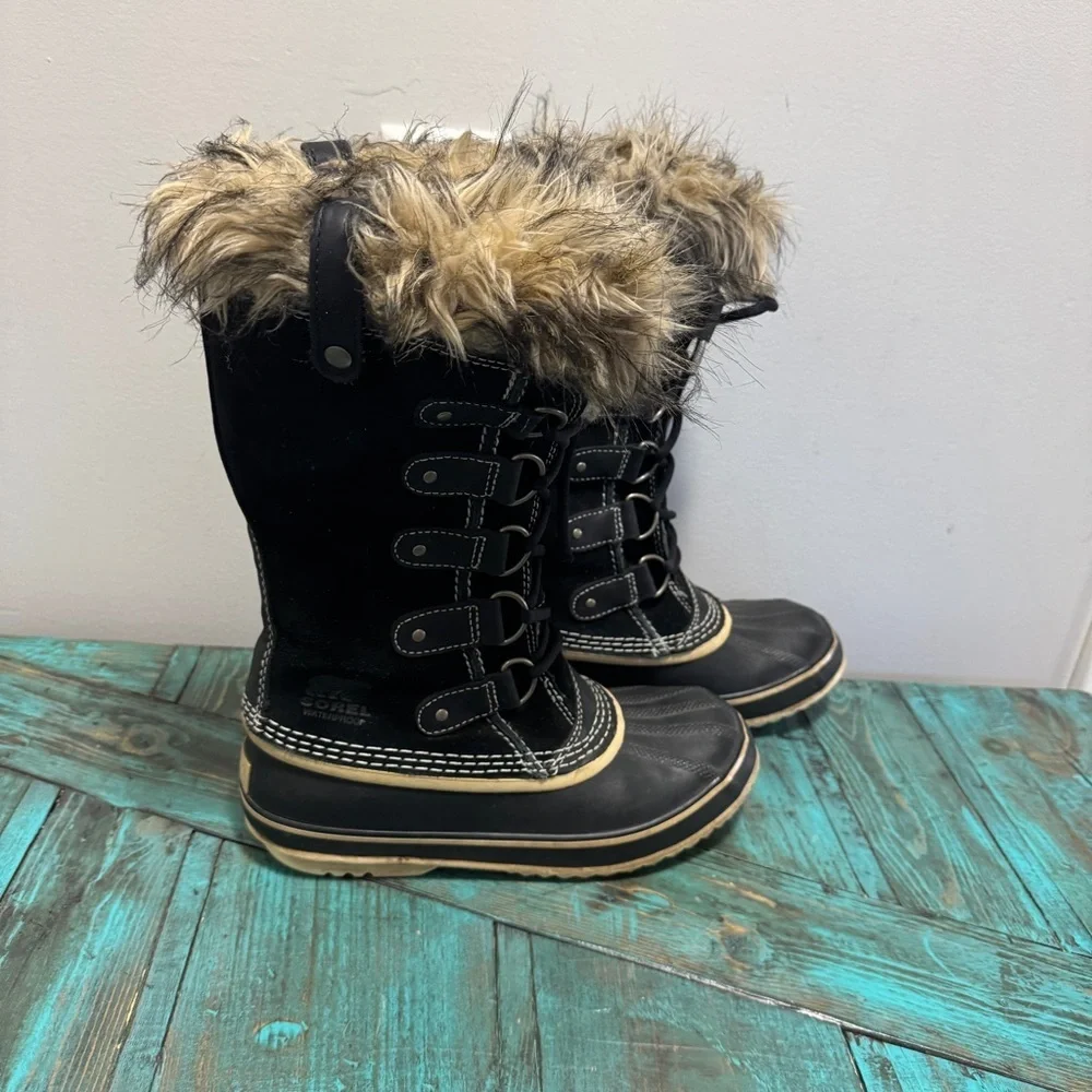 SOREL Joan Of Arctic Suede Snow Boots Size 7 Waterproof Black Tan Rubber - Picture 4 of 15